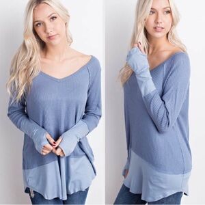 Light Blue Layered V-Neck Waffle Knit Top - Women